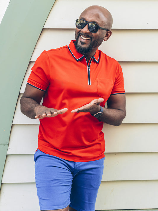 Red Zip Polo with Navy + White Trims