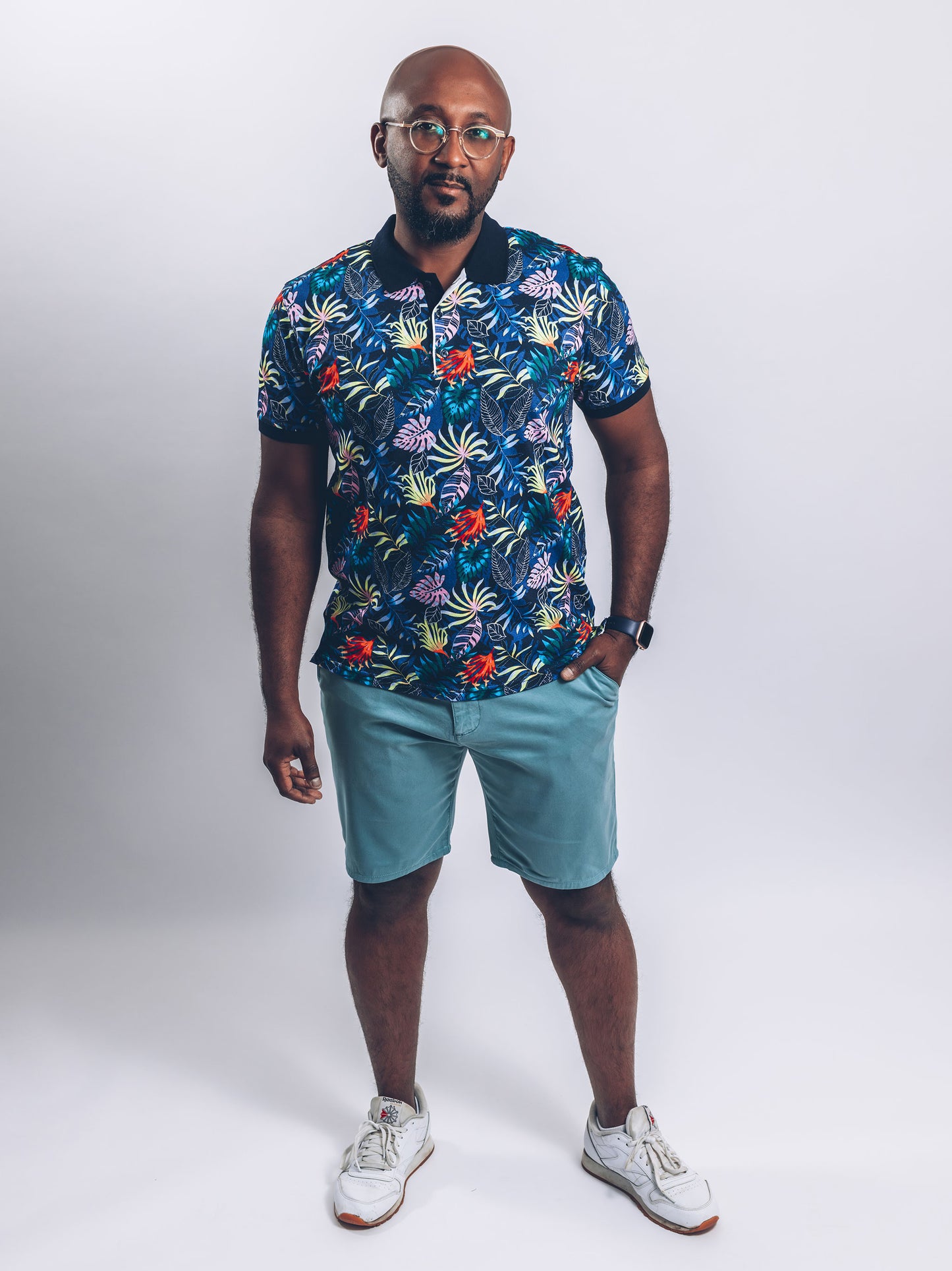 Tropical Polo with Navy Accents