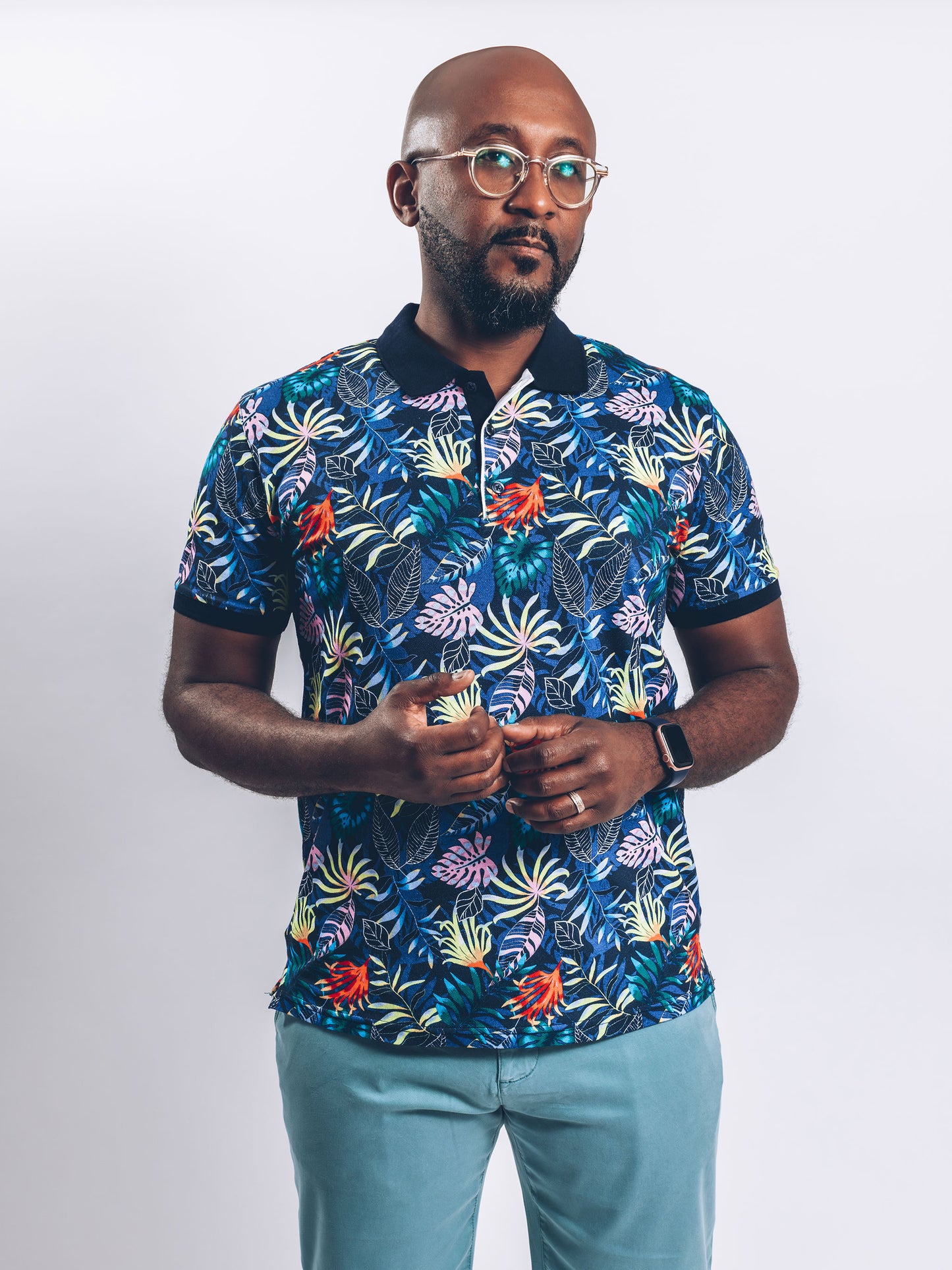 Tropical Polo with Navy Accents