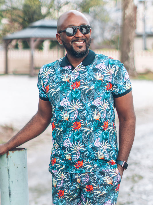 Tropical Polo with Navy Accents